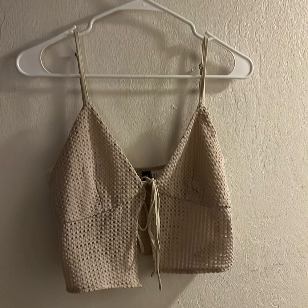 H&M Divided Tan Crochet Tie Front Crop Tank Top